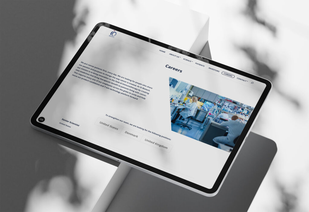 io biotech website mockup on a landscape ipad showing the careers page for a biotech company