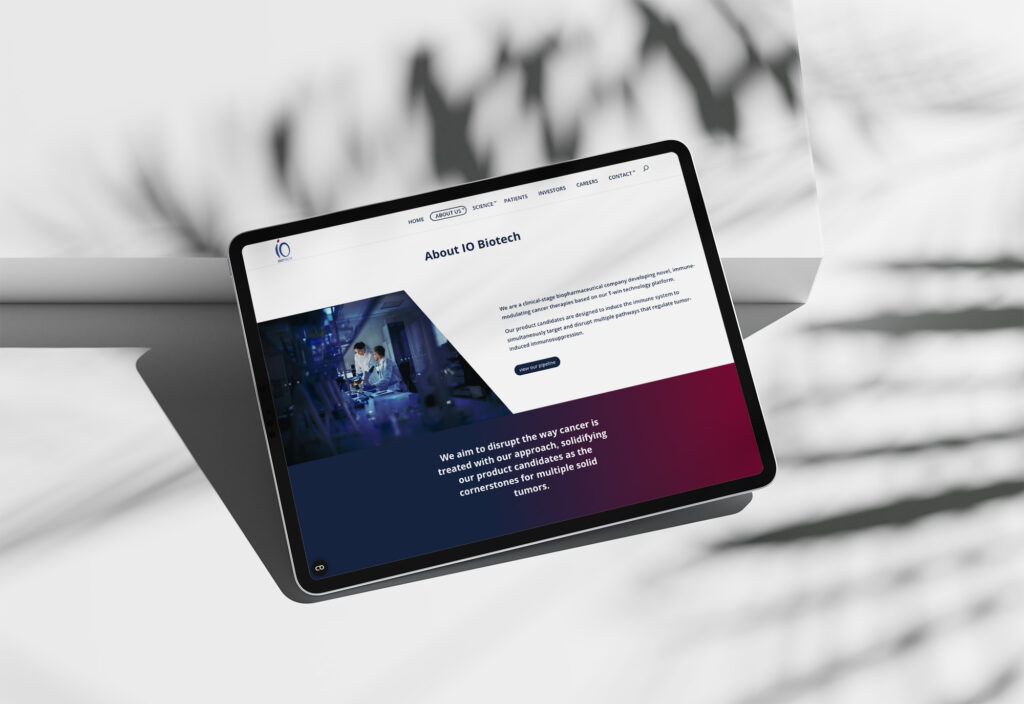 io biotech about website page mockup on a landscape ipad