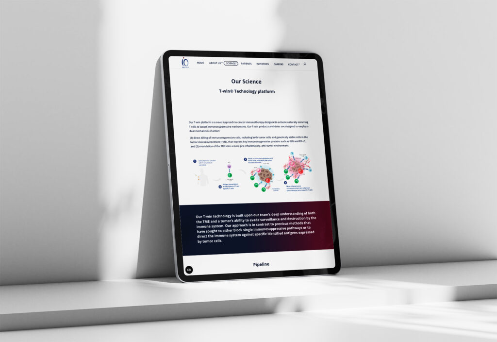 io biotech our science website page mockup on a portrait standing ipad
